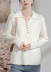 Women Beige Peter Pan Collar Button Knit Sweater Spring