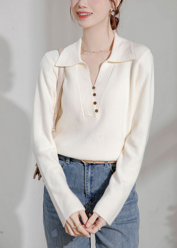 Women Beige Peter Pan Collar Button Knit Sweater Spring