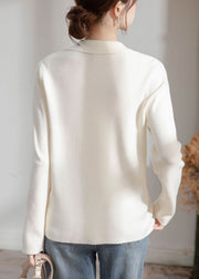 Women Beige Peter Pan Collar Button Knit Sweater Spring