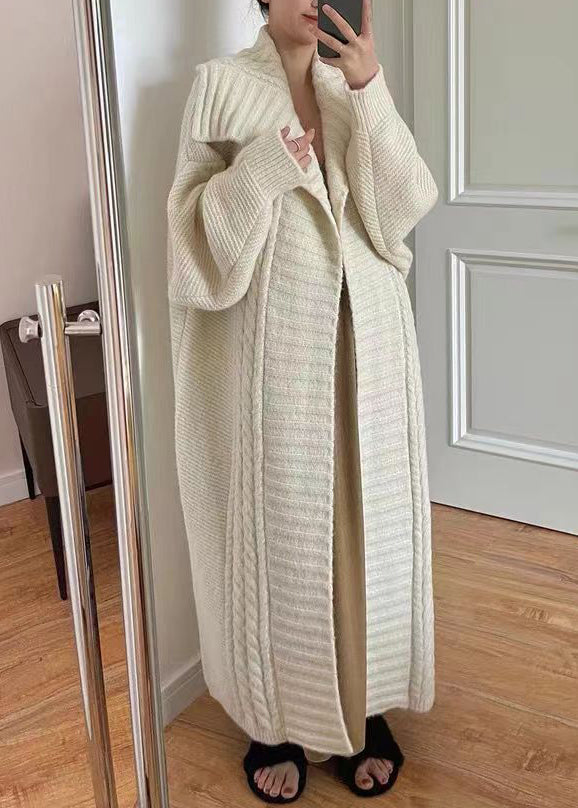 Women Beige Peter Pan Collar Cozy Cotton Knit Long Cardigan Long Sleeve