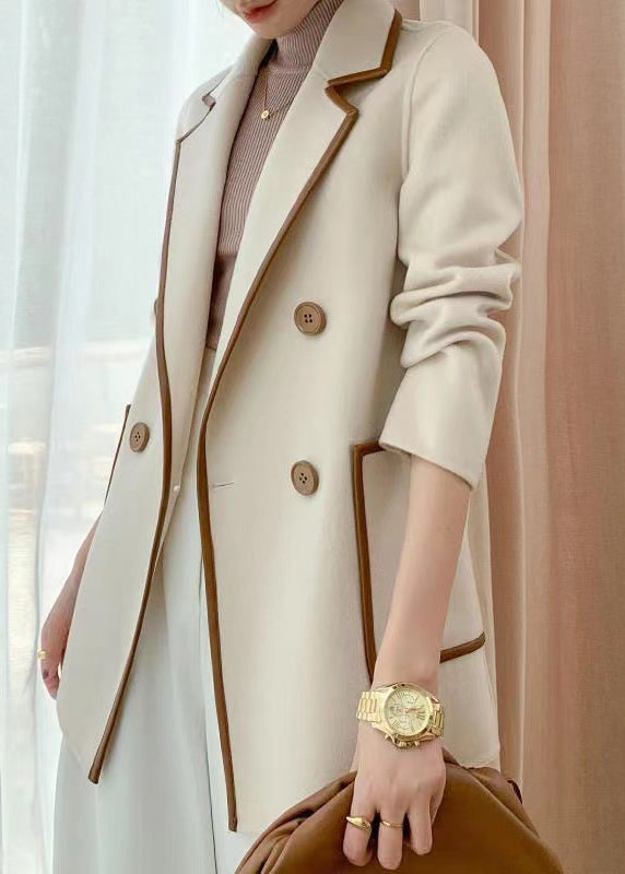 Women Beige Peter Pan Collar Double Breast Woolen Coat Fall