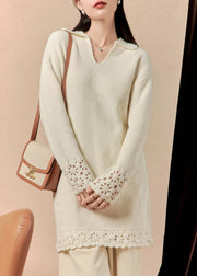 Women Beige Peter Pan Collar Hollow Out Knit Mid Dress Spring