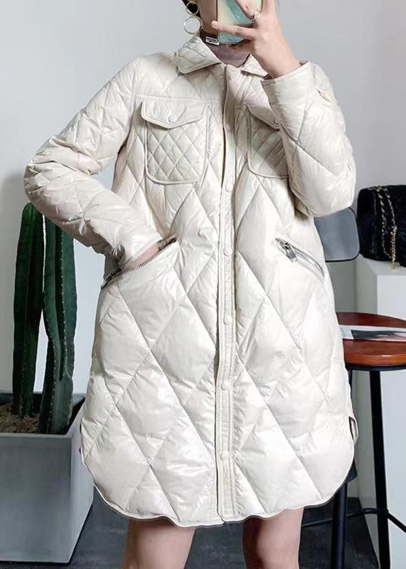 Women Beige Peter Pan Collar Pockets Patchwork Duck Down Coat Winter