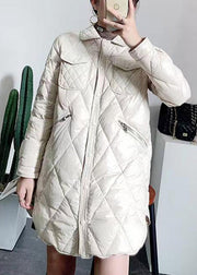 Women Beige Peter Pan Collar Pockets Patchwork Duck Down Coat Winter