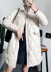 Women Beige Peter Pan Collar Pockets Patchwork Duck Down Coat Winter