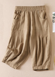 Women Beige Pockets Wrinkled Elastic Waist Cotton Shorts Summer