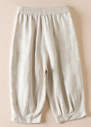 Women Beige Pockets Wrinkled Elastic Waist Cotton Shorts Summer