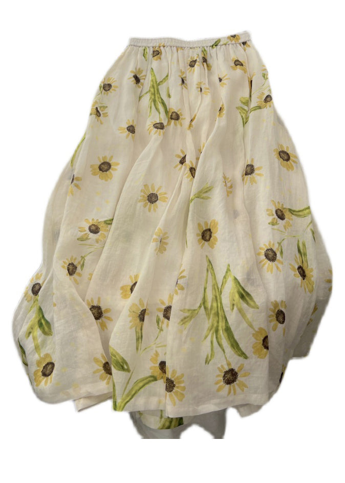 Women Beige Print Pockets Elastic Waist Cotton Skirt Summer