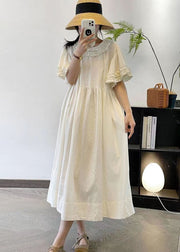 Women Beige Ruffled Patchwork Cotton Long Dresses Summer