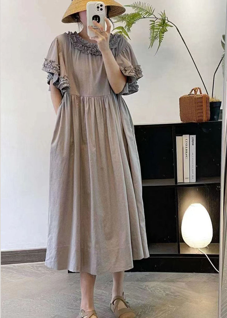 Women Beige Ruffled Patchwork Cotton Long Dresses Summer