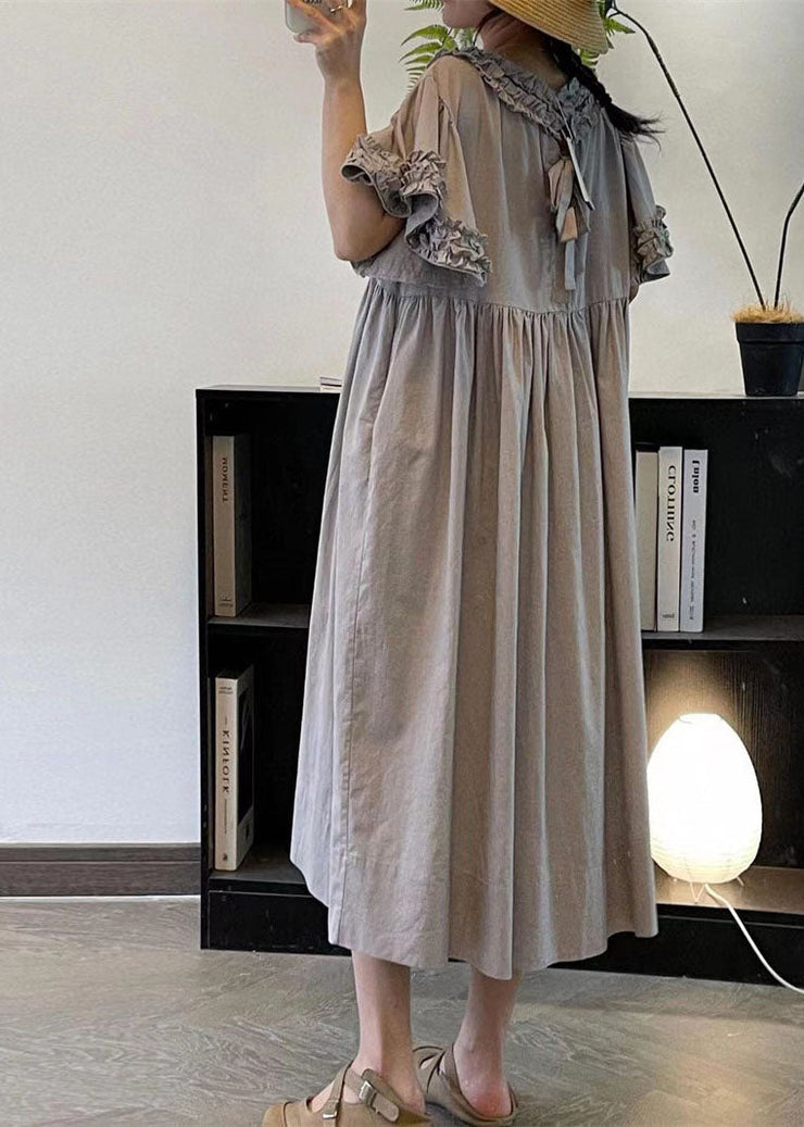 Women Beige Ruffled Patchwork Cotton Long Dresses Summer