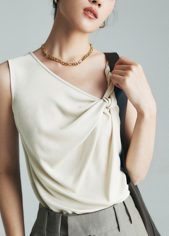 Women Beige Slanted Collar Cinched Tops Sleeveless