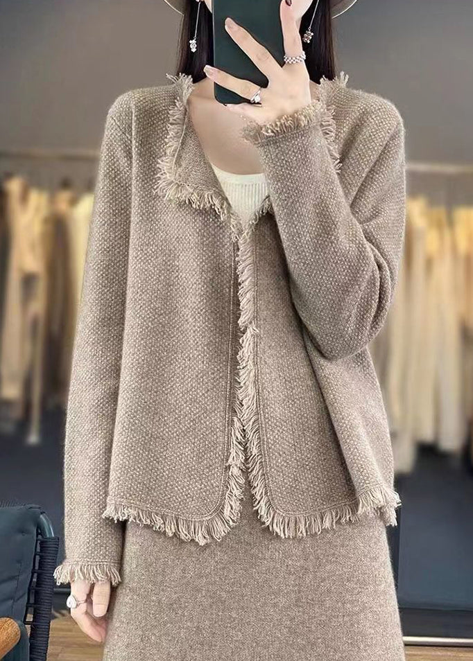 Women Beige Solid Button Knit Cotton Cardigans Spring