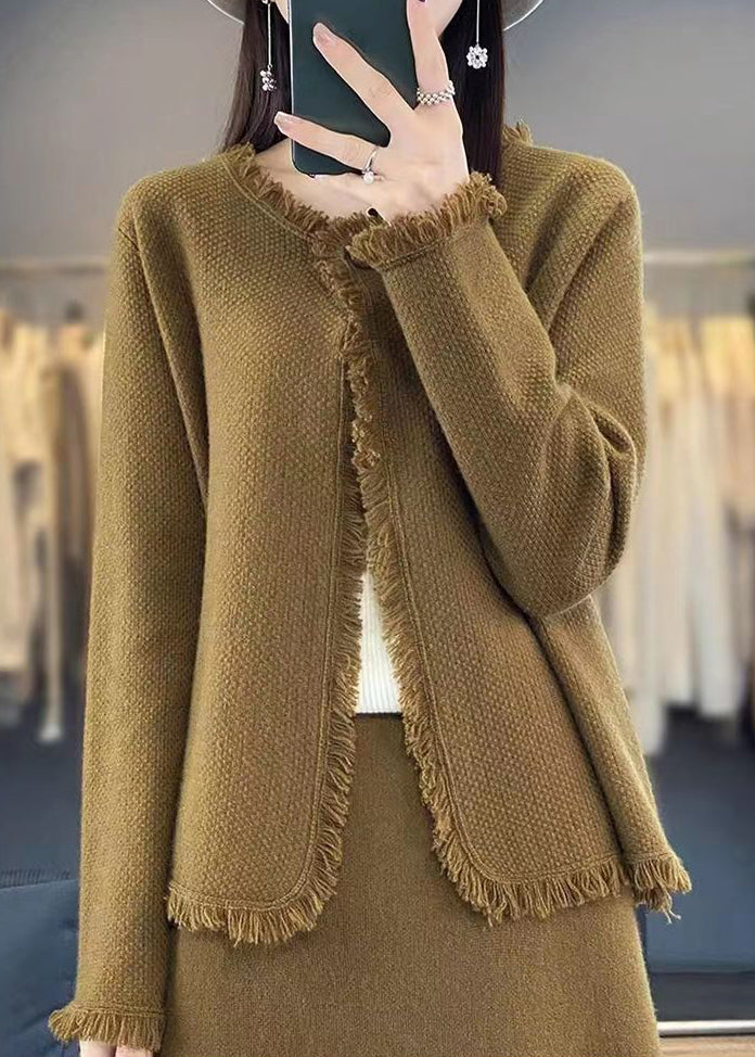 Women Beige Solid Button Knit Cotton Cardigans Spring