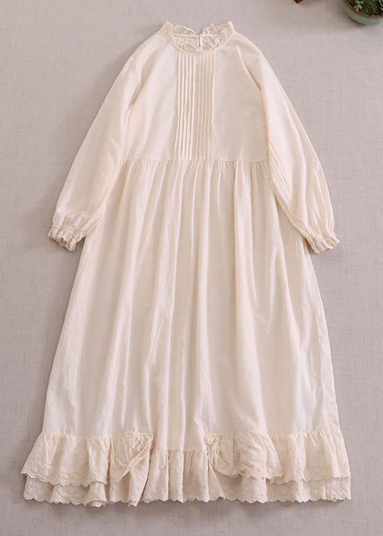 Women Beige Solid Ruffled Cotton Dresses Long Sleeve