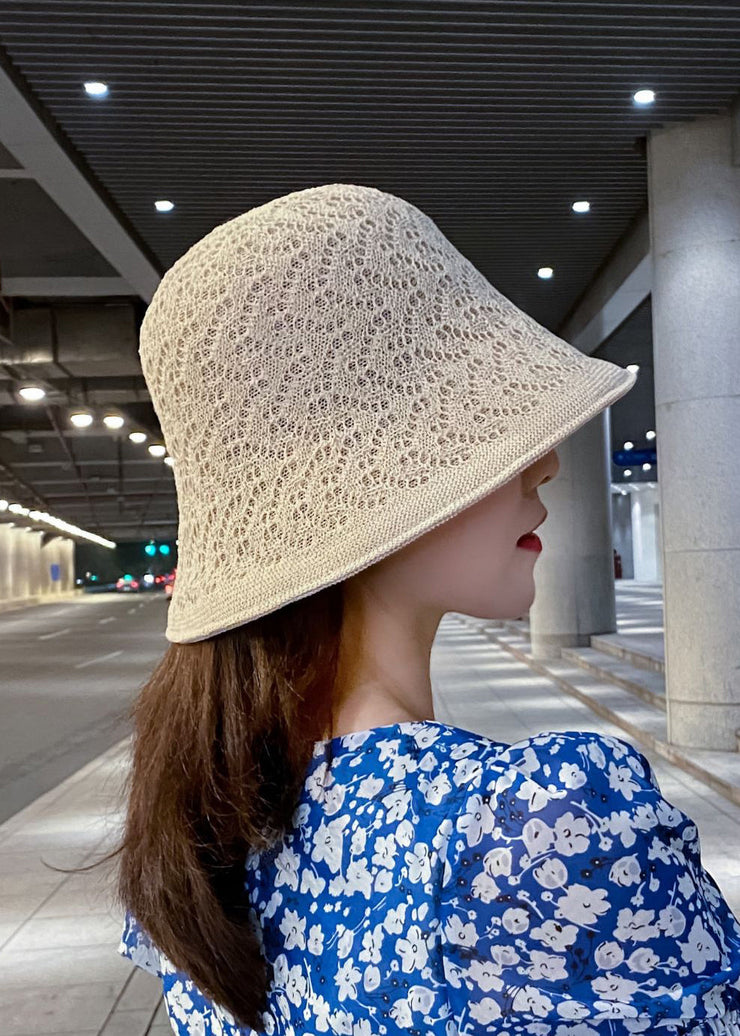 Women Beige Thin Hollow Out Cotton Blended Bucket Hat