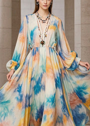 Women Beige Tie Dye Exra Large Hem Chiffon Maxi Dress Fall