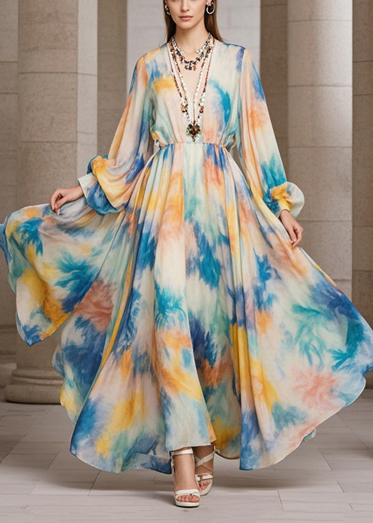 Women Beige Tie Dye Exra Large Hem Chiffon Maxi Dress Fall