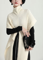 Women Beige Turtle Neck Side Open Knit Pullover Cloak Sleeves