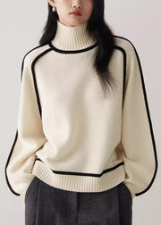 Women Beige Turtleneck Cozy Patchwork Knit Sweater Spring