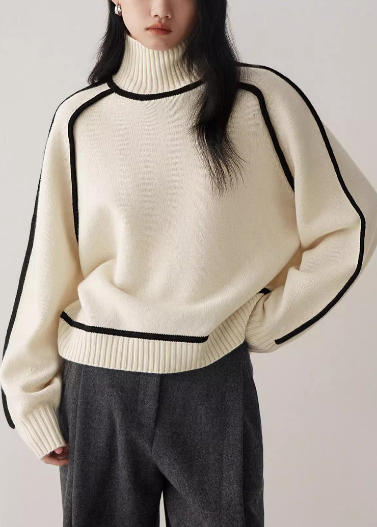 Women Beige Turtleneck Cozy Patchwork Knit Sweater Spring