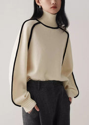 Women Beige Turtleneck Cozy Patchwork Knit Sweater Spring