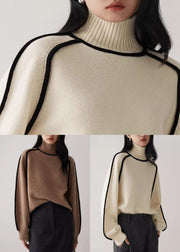 Women Beige Turtleneck Cozy Patchwork Knit Sweater Spring