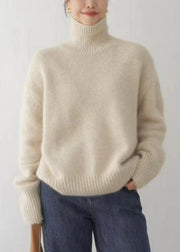 Women Beige Turtleneck Solid Knit Sweater Winter