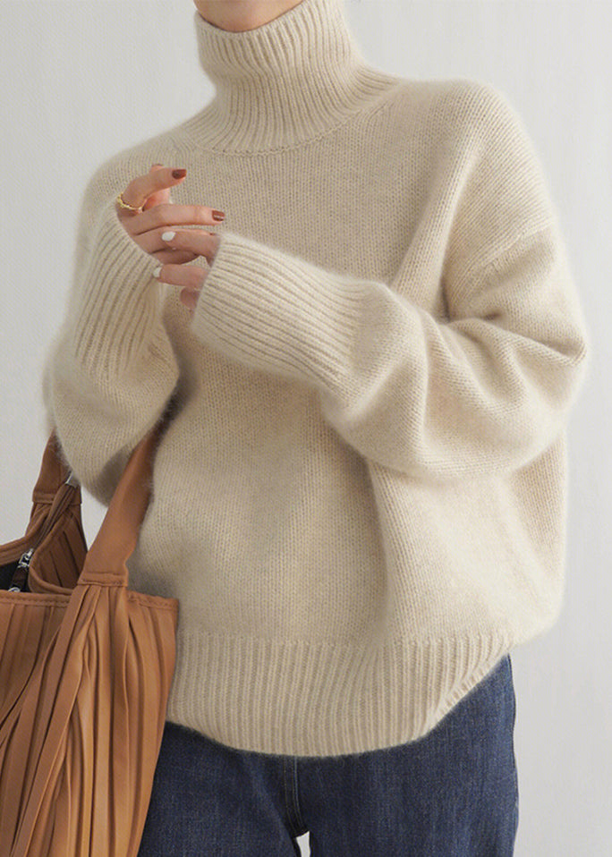 Women Beige Turtleneck Solid Knit Sweater Winter