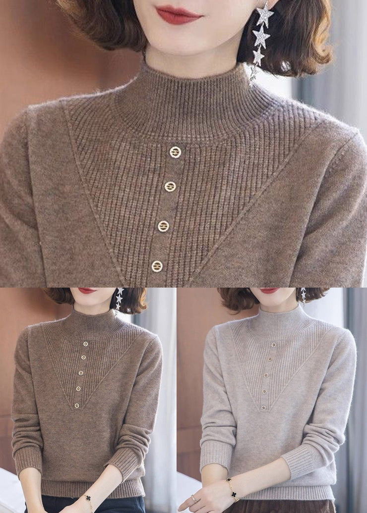 Women Beige Turtleneck Solid Wool Knit Tops Long Sleeve