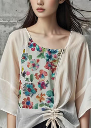 Women Beige U Neck Print Cinched Cotton Blouses Summer