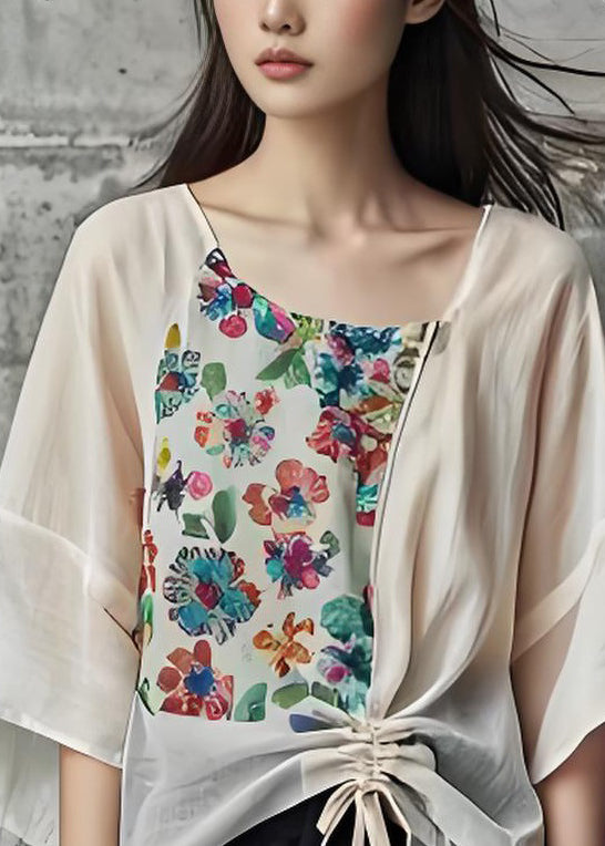 Women Beige U Neck Print Cinched Cotton Blouses Summer