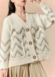 Women Beige V Neck Button Pockets Knit Coat Winter