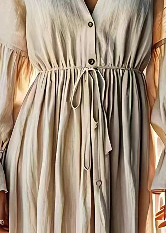 Women Beige V Neck Drawstring Linen Dress Flare Sleeve