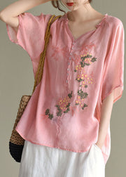 Women Beige V Neck Embroideried Patchwork Linen Top Summer