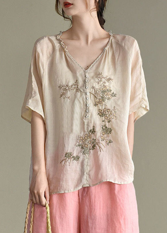 Women Beige V Neck Embroideried Patchwork Linen Top Summer