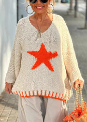 Women Beige V Neck Hollow Out Knit Sweaters Spring