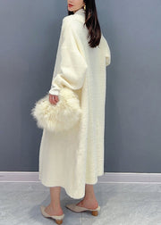 Women Beige V Neck Patchwork Mink Hair Knitted Loose Cardigan Fall