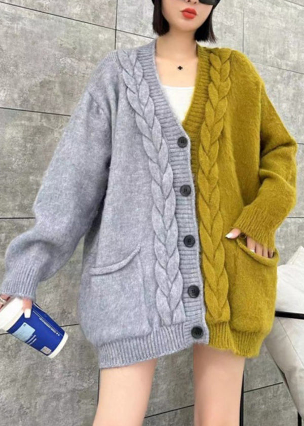 Women Beige V Neck Pockets Button Patchwork Knit Cardigan Spring