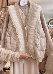 Women Beige V Neck Ruffled Patchwork Fine Cotton Filled Jacket Spring