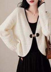 Women Beige V Neck Woolen Knit Cardigan Fall