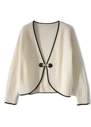 Women Beige V Neck Woolen Knit Cardigan Fall