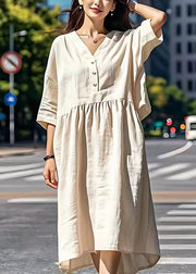 Women Beige V Neck Wrinkled Patchwork Linen Dresses Summer