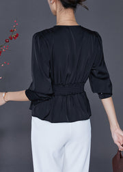 Women Black Asymmetrical Draping Silk Shirt Tops Fall