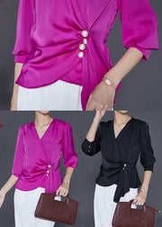 Women Black Asymmetrical Draping Silk Shirt Tops Fall