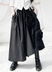 Women Black Asymmetrical Floral Elastic Waist Maxi Dress Fall