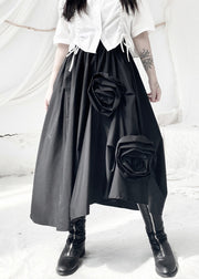 Women Black Asymmetrical Floral Elastic Waist Maxi Dress Fall