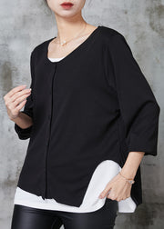 Women Black Asymmetrical Patchwork Cotton Sweatshirts Top Spring