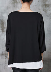 Women Black Asymmetrical Patchwork Cotton Sweatshirts Top Spring