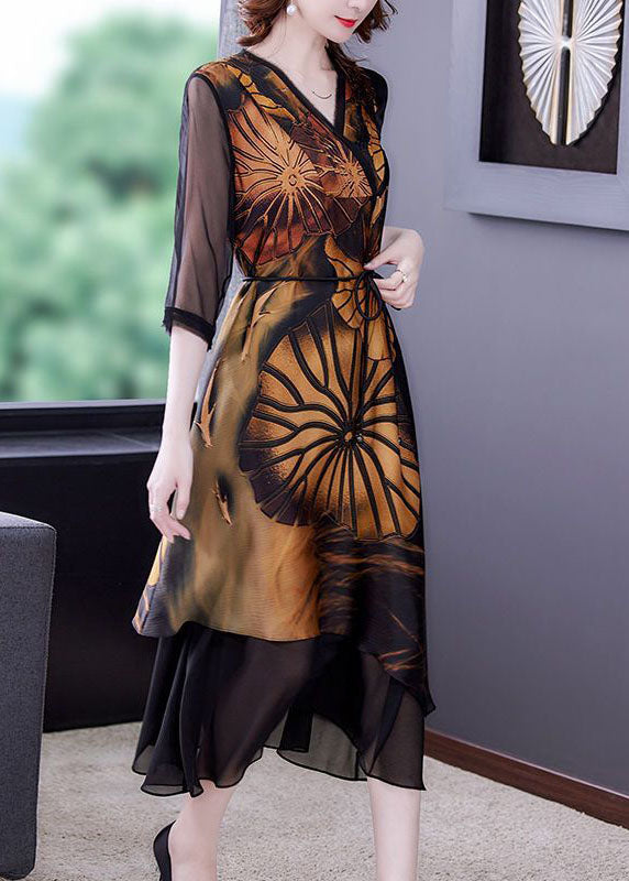 Women Black Asymmetrical Patchwork Print Silk Dress Summer